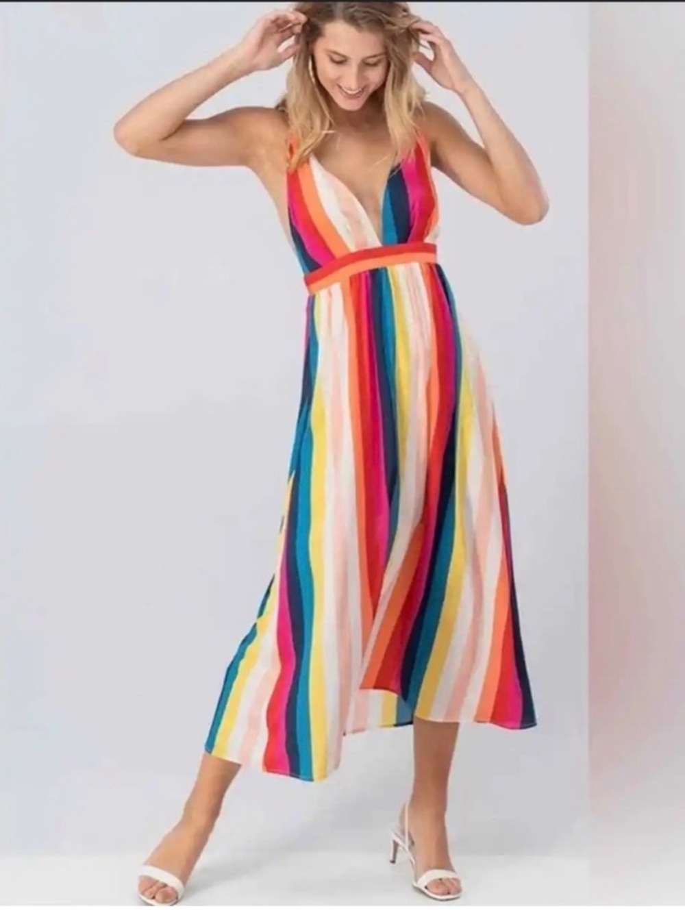 Women's Multi-Color Striped V-Neck Maxi Dress